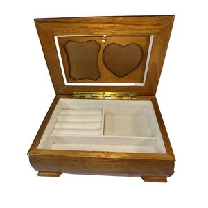 Wooden Footed Jewelry Box in Burlwood Oak Vintage Hinged Photo Frame ring holder